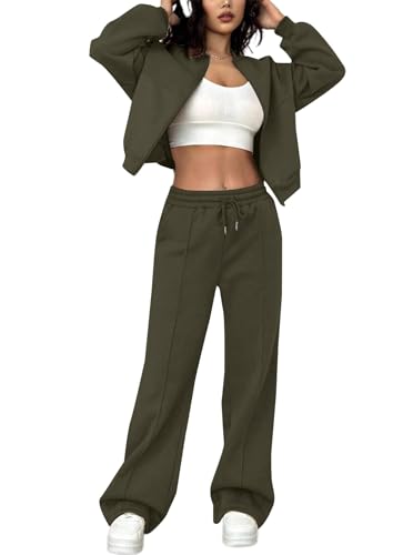 LovelyWholesale Women Sweatsuits 2 Piece Set Zip Up Sweatshirt and Wild Leg Sweatpants Set