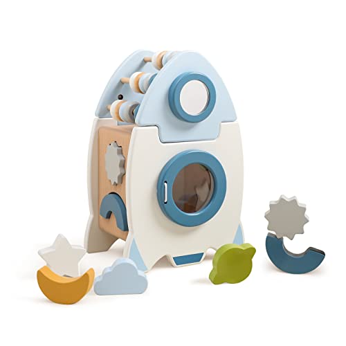 Image of ibwaae Wooden Rocket Activity Cube, Space Busy Board Toys, 5 in 1 Shape Sorter Games, Montessori Toys Preschool Games for Toddler