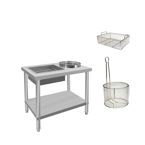Estación de empanado para preparación de pollo frito, encimera de acero inoxidable con recipientes y cestas, fácil de limpiar para cocina y restaurante