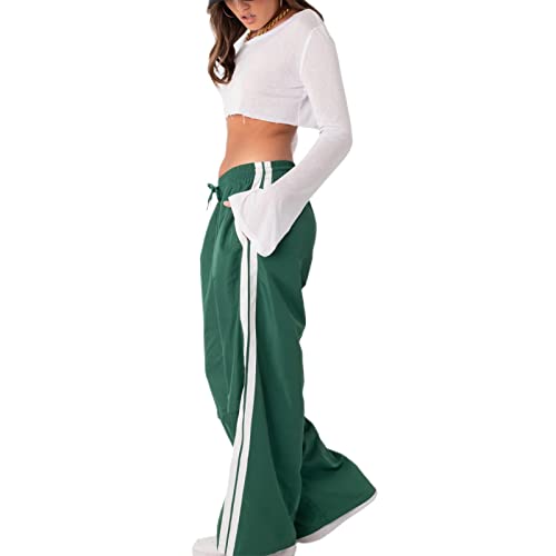 KMBANGI Women Striped Track Pants Elastic Waist Straight Leg Sweatpants Joggers Wide Leg Side Stripes Pants with Pockets(Leisure Green,M)