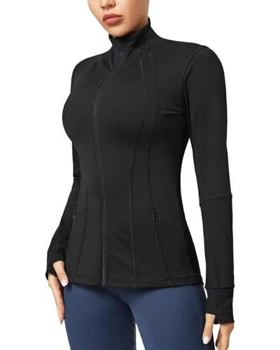 QUEENIEKE Women's Slim Fit Running Jackets - Long Sleeves Athletic Workout Gym Tops with Back Mesh Vent & Thumb Holes