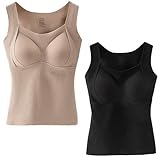 DODHIZ All Day Comfort Thickened Warm Tank Top with Shelf Bra, Women's Thermal Tanktops withBuilt-InBra. (Khaki+Black,Large)