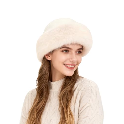 Womens Winter Faux Fur Bucket Hat, 2025 New Fluffy Bucket Hat, Cozy Wide Brimmed Hat for Ladies, Mongolian Hat for Outdoor (US, Alpha, Medium, Large, Beige)