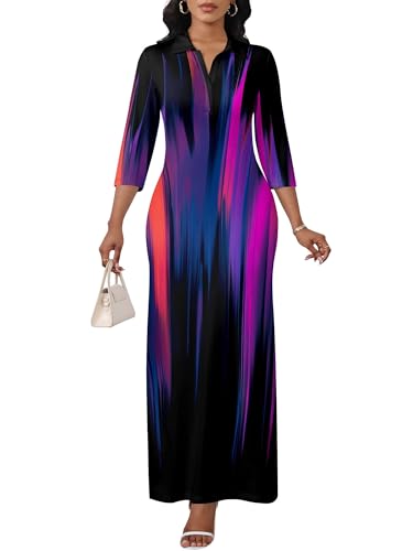 Image of PinkPatty Women's Casual 3 /4 Sleeve Polo V Neck Bodycon Maxi Dress | Semi formal, modest style, long fitted, versatile for church, work, business, office and daily wear