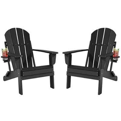Adiromoti Folding Adirondack Chairs Set of 2, All-Weather Resistant HDPE Patio Firepit Chairs, Sturdy Outside Chairs with Cup Holder, Lawn Chairs, 80% Pre-Installed Load Capacity 385lb, Black