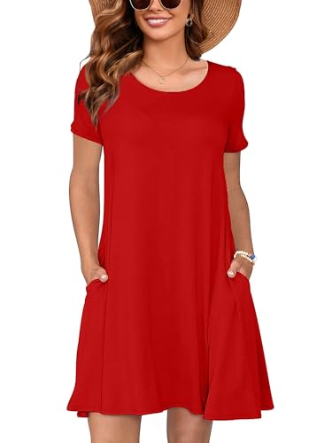 Image of Heymoments Women's Short Sleeve Crewneck Sundress Summer Casual A-Line Beach Dress with Pockets S-2XL