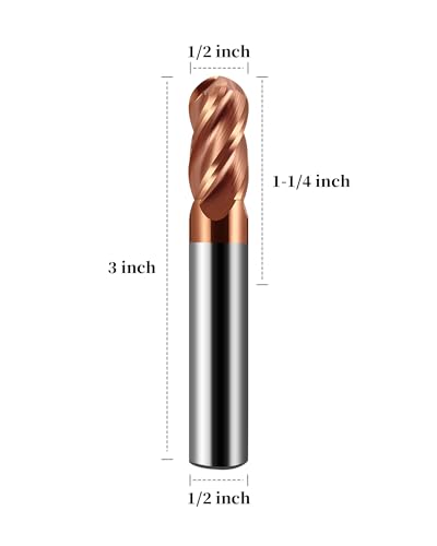 Image of 1 /2 inch Carbide Ball Nose End Mills, TISIN Coated, 4 Flute, End Mill Bits for Alloy Steels and Hardened Steels, 1 /2 inch Cutting Diameter