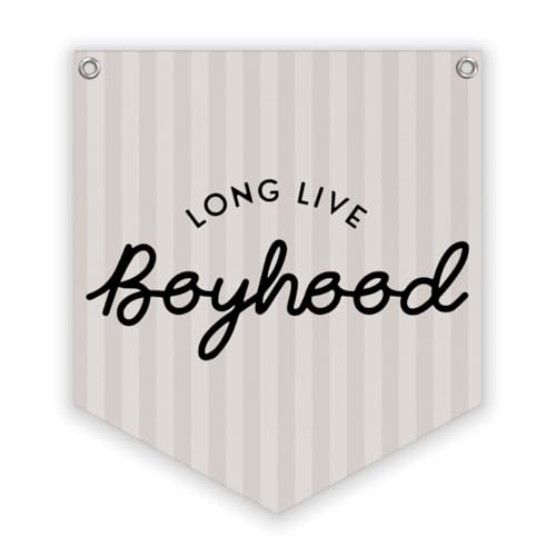Lacama Long Live Boyhood Linen Banner,Vintage Boy Room Toddler Decor,Boy Bedroom Wall Hanging Banner Pennant Flag Decor for Nursery Playroom,12.4x14 in(Neutral Stripe)