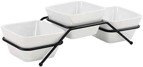 3 pcs square bowl Porcelain Chip & Dip Serving Set with Black Metal Stand, 4.5inch White Small Serving Bowls for Side Dishes, Salsa, Appetizer, Serving Dishes for Entertaining