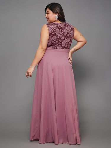 Image of Miss Chase A+ Women's Round Neck Sleeveless Georgette Floral Lace Fit & Flare Maxi Dress