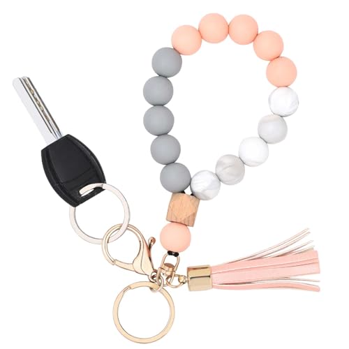 Image of BAOSIWA Silicone Key Ring Bracelet Wristlet Keychain Unique Beaded Bangle Key Chains for Women with Leather Tassel