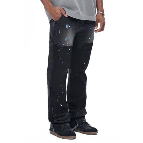 GINGTTO Men's Jeans Slim Fit Flared Stacked Denim Pants Hip Hop Streetwear Black-1 28