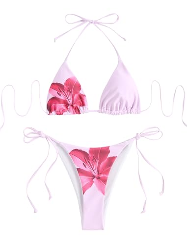Image of ZAFUL Womens Printed Triangle Bikinis 2 Piece Halter Bikini Sets High Cut Bathing Suit Side Tie Swimsuits