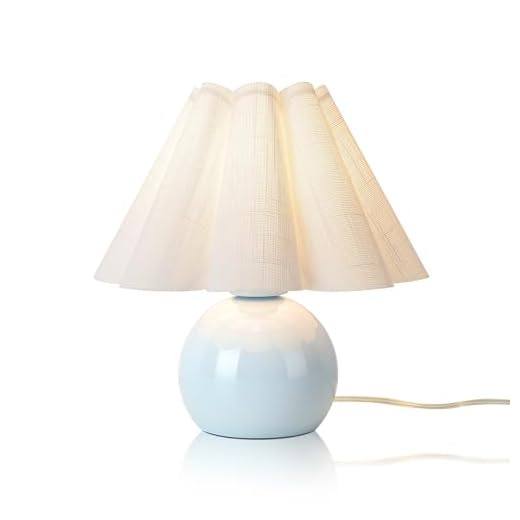 Light Blue Small Bedside Mini Table Lamp for Bedroom, Cute Bedroom Lamps for Nightstand, Cute Mini Table Lamps for Small Spaces with Scalloped Shade for Kitchen Counter, Bookshelf, Kids Dorm, Office