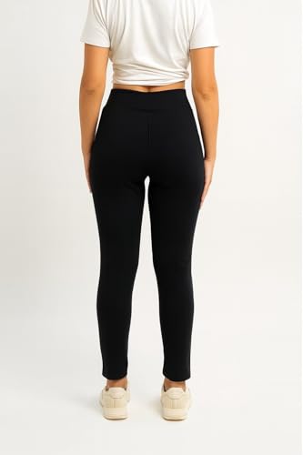 Image of EcoLove Women's Black Ribbed Knit Pants, High-Waisted, Tapered Fit