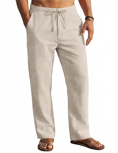 COOFANDY Men's Linen Beach Pants Loose Fit Drawstring Casual Pants Lightweight Baggy Cotton Trousers, Beige, Large