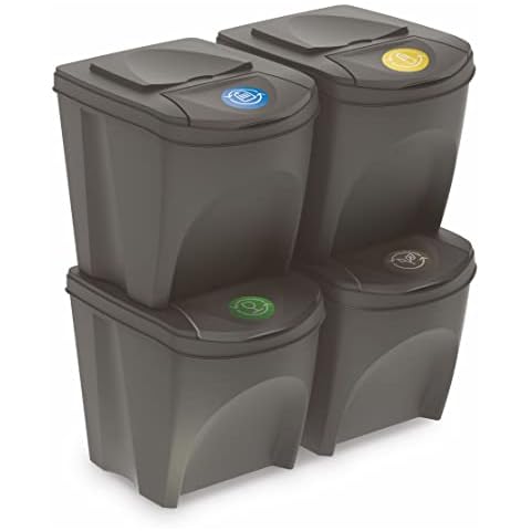 Sortibox Mülleimer mit Deckel 25 L - 4er Set / steingrau - Stapelbares Müll Trennsystem - Abfall Sortierer Trenner Sytem Trennkörbe stapelbar Cover