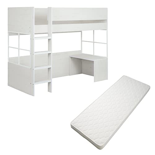 スマート・アイ ハイタイプ システムベッド Peep システムベッド デスク付き 木製 (マットレス付き, ホワイトウォッシュ/ホワイト)