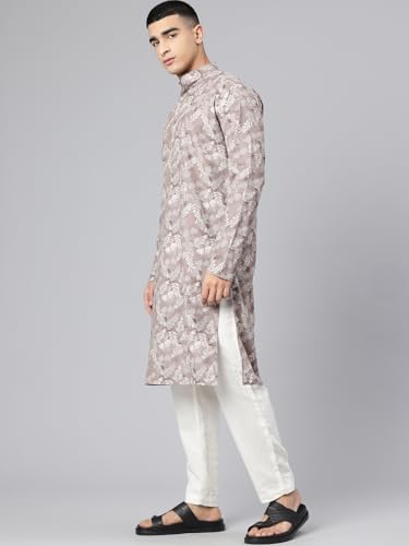 Image of Majestic Man Men's Regular Fit Ethnic Motifs Printed Pure Cotton Long Kurta with Mandarin Collar & Full Sleeves