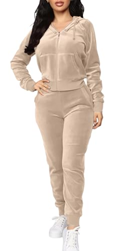 Survêtement en velours pour femme BOGURST kaki avec sweat zippé
