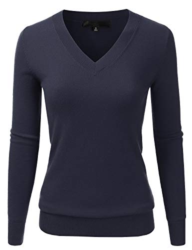 Image of EIMIN Women's Long Sleeve V-Neck Slim Fit Pullover Soft Knit Top Sweater Navy S