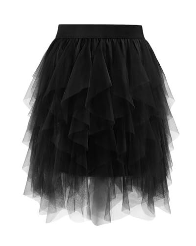TRIWORKS Schwarzer Tüllrock Damen Hohe Taille Layered Puffy Tutu Rock A-Linie Midirock für Party Halloween Karneval M