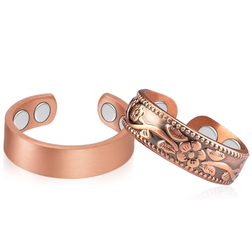 Vicmag 2PCS Copper Magnetic Adjustable Rings for Women Men Arthritis Pain Relief for Carpal Tunnel Magnet Therapy Ladies Fingers 100% Solid