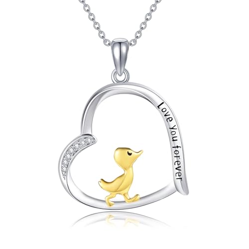Duck Gifts Necklace 925 Sterling Silver Duck Pendant Necklace Heart Duck Jewelry for Women Duck Lovers