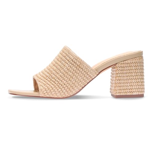 Monrovia Raffia Heels for Women Square Open Toe Woven Slip On Sandals with Block Wedge Heel - Casual Beach Summer Heeled Sandals Natural Size 8