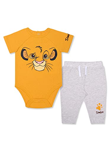 Image of Disney Lion King Simba Boys’ Short Sleeve Bodysuit and Jogger for Newborn and Infant – Yellow/Grey