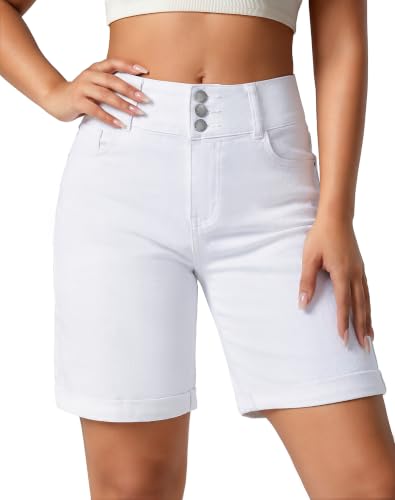 roswear Women's High Waisted Stretchy Wide Leg Denim Shorts Casual Summer Cuffed Long Jean Shorts White Large