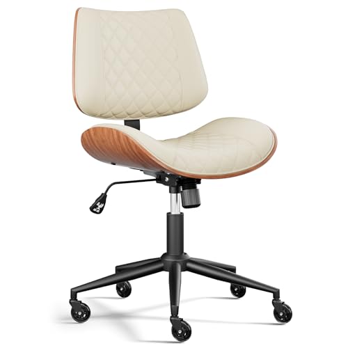 Image of Armless Office Chair with Silent Rubber Wheels, Mid Century Modern Small Desk Chair, No Arms Leather Computer Chair for Home Office, Swivel Vanity Chair, Rolling, Adjustable Height (Cream)