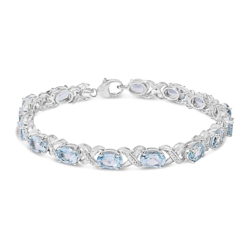 Haus of Brilliance .925 Sterling Silver 16.0 Cttw Oval Blue Topaz and Diamond Accent Tennis X Link Bracelet (I-J Color, I1-I2 Clarity) - Size 7" Inch