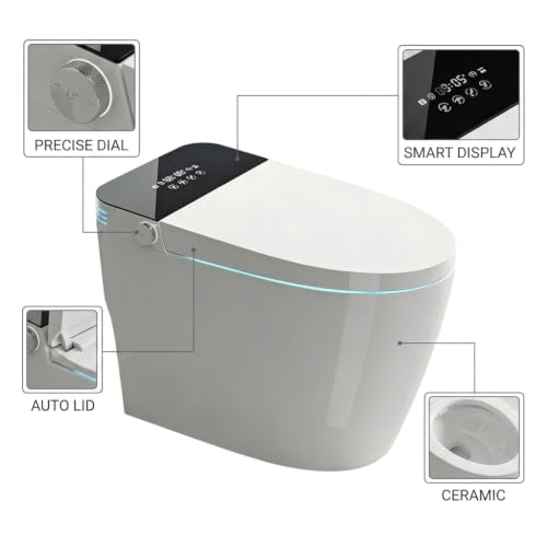 Inodoro inteligente monoblock sin tanque, elongado, altura ADA, con apertura/cierre automático, sensor de pie, lavado con agua tibia y secado con aire miniatura 4