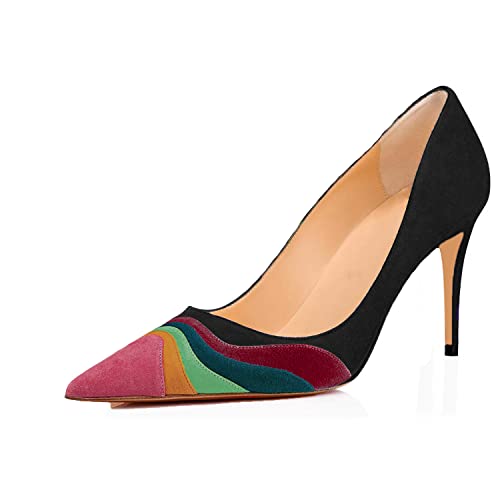 LEHOOR Women Rainbow Kitten Heels Pumps Pointed Toe Suede Stiletto, 3 inch High Heel Pumps Multicolor Closed Toe Classic for Ladies Dress Party 4-15 M US