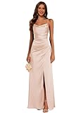 Noras dress Satin Spaghetti Straps Bridesmaid Dresses Maxi with Slit Cowl Neck Mermaid Peach Pink Formal Party Dress for Women 0