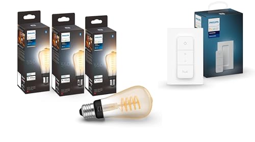 Philips Hue White Ambiance E27 Edison ST64 Filament 550lm, dimmbar, alle Weißschattierungen, App-Steuerung -3er Pack inkl. Hue Dimmschalter für kabelloses Dimmen und Lichtszenenabruf, Weiß