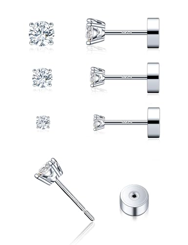3 Pairs Moissanite Flatback Stud Earrings for Women, 925 Sterling Silver Hypoallergenic Flat Back Cartilage Earrings Set, 18K White Gold Plated (2,3,4mm)