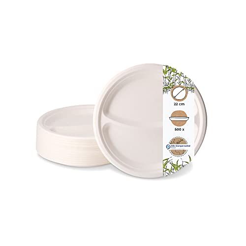 BIOZOYG 500 unidades plato de menú de caña de azúcar con 2 compartimentos Ø 22 cm I Cuencos de bagazo con división resistente a la grasa y al agua I Vajilla desechable compostable