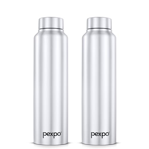 Go24 pexpo Water Bottle 1 ltr Stainless Steel Sports/Fridge Bottle with Steel Cap (Pack of 2)| Single Wall | For Home, Office, Gym, Travelling | Lightweight | BPA Free | Chromo 950ml |Silver