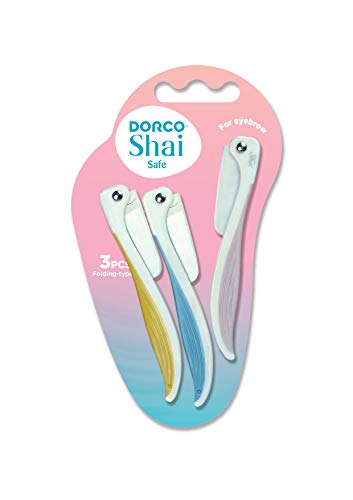 DORCO Shai Safe Womens Eyebrow Foldable Razors 3 Count 1 Unit Effortless Brow Shaping Premium Rubber Handle Protective Skin Guard Folding Type Ergonomic Control and Grip Balance