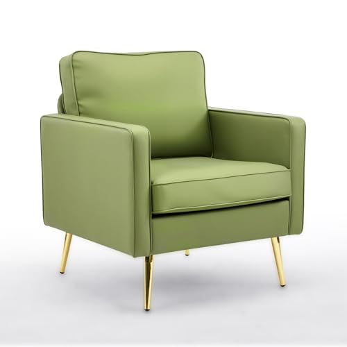 Image of VINGLI Modern Accent Chair, Upholstered Faux Leather PU Armchair with Thick Cushion & Metal Legs, Comfortable Reading Chair for Living Room, Bedroom, Office, Green