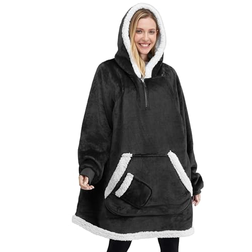Giggling Getup Wearable Blanket Hoodie for Women Men Gifts for Women Mom Wife Sherpa Fleece Hooded Blanket Sweatshirt Warm Cozy Sherpa Wearable Throw with Pocket & Sleeves for Adult Standard Black