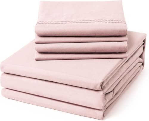 Image of ClevaHome Queen Size Sheet Set - 6 Piece Soft Breathable Luxury Bed Sheet Set - Shrinkage & Fade Resistant Embroidered Bedding Sheet with Deep Pocket, 2 Extra Pillowcases (Queen, Barely Pink)