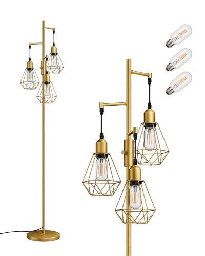 EDISHINE Lámpara de Pie LED Regulable, Lámpara de Pie Vintage con 3 Luces y Bombillas E27, Diseño Industrial de Metal con Pantalla en Jaula, Ideal para Salón, Dormitorio o Comedor, Color Dorado