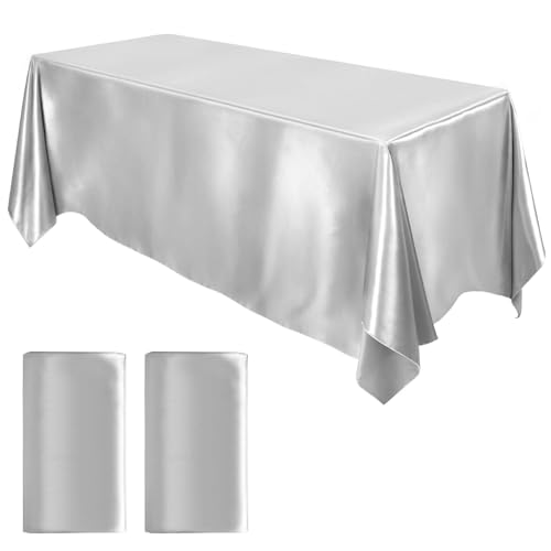 MCEAST 2 Packs Satin Tablecloth 102 x 58 Inches Rectangular Table Overlay Cover Bright Silk Tablecloth Smooth Fabric Table Decor for Wedding Banquet Decoration (Silver)