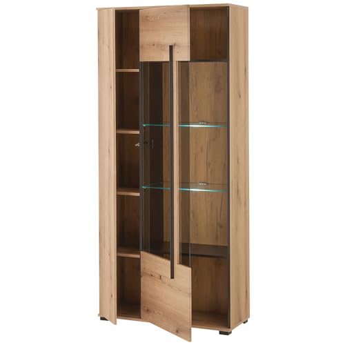 Lomadox Wohnwand Wohnzimmer-Set 3-teilig mit Vitrine, Lowboard & Wandregal in Eiche inkl. LED Beleuchtung – Bild 4
