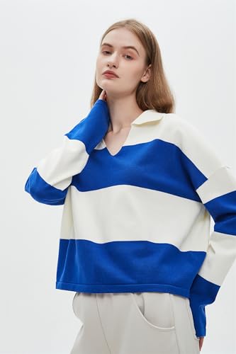 Image of LifeShe Striped Sweater Women V Neck Long Sleeve Pullover Fall Sweaters Loose Oversized Knit Top