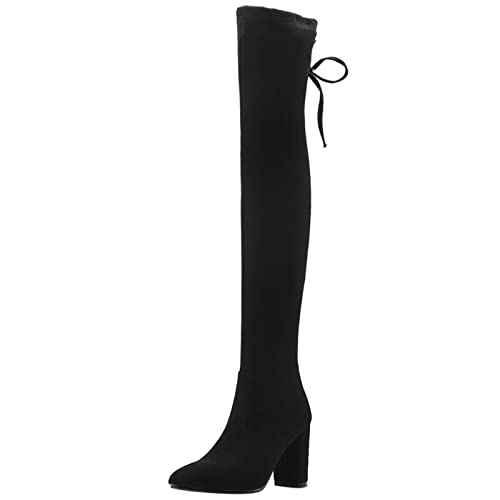 Gicoiz Ladies Pointed Toe Block Heels Suede Above Knee Boots