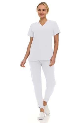 Saint Scrubs Womens 9-Pocket Medical Uniform Set- V-Neck Stretch Top with Tapered Straight Leg Pants, White, Small